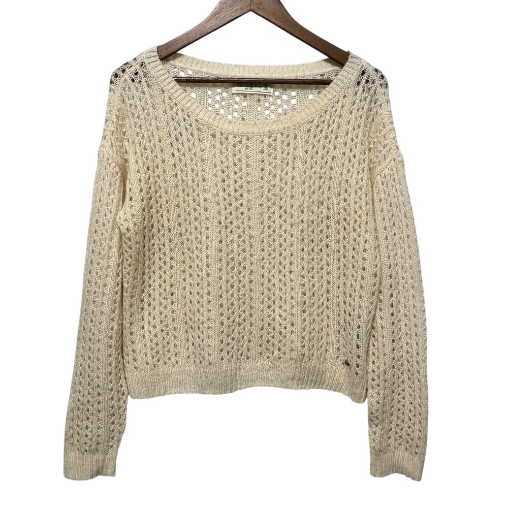 Y2K Abercrombie Women Cropped Sweater‎ M Cream Open Knit Wool Blend Cottagecore